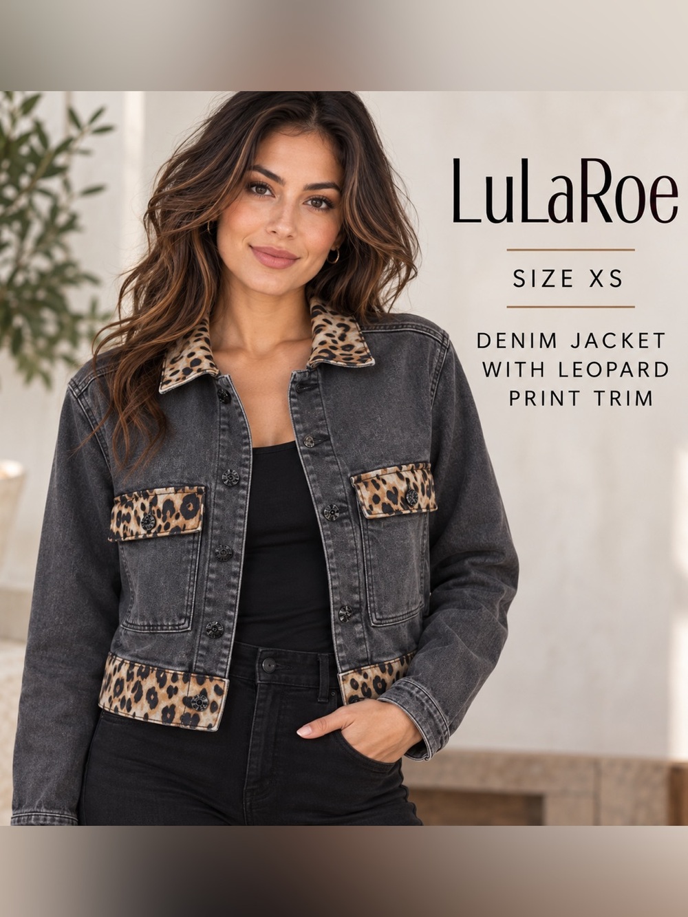 LuLaRoe Kenny XS Charcoal Denim Leopard Print Trucker Jacket Stretch Cotton